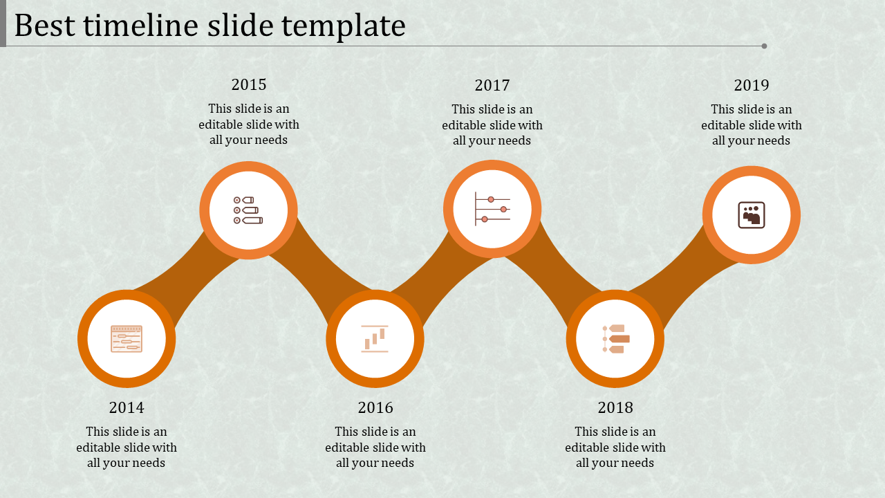 Orange timeline PowerPoint slide with years 2014 to 2019, each year linked with icons representing different topics.