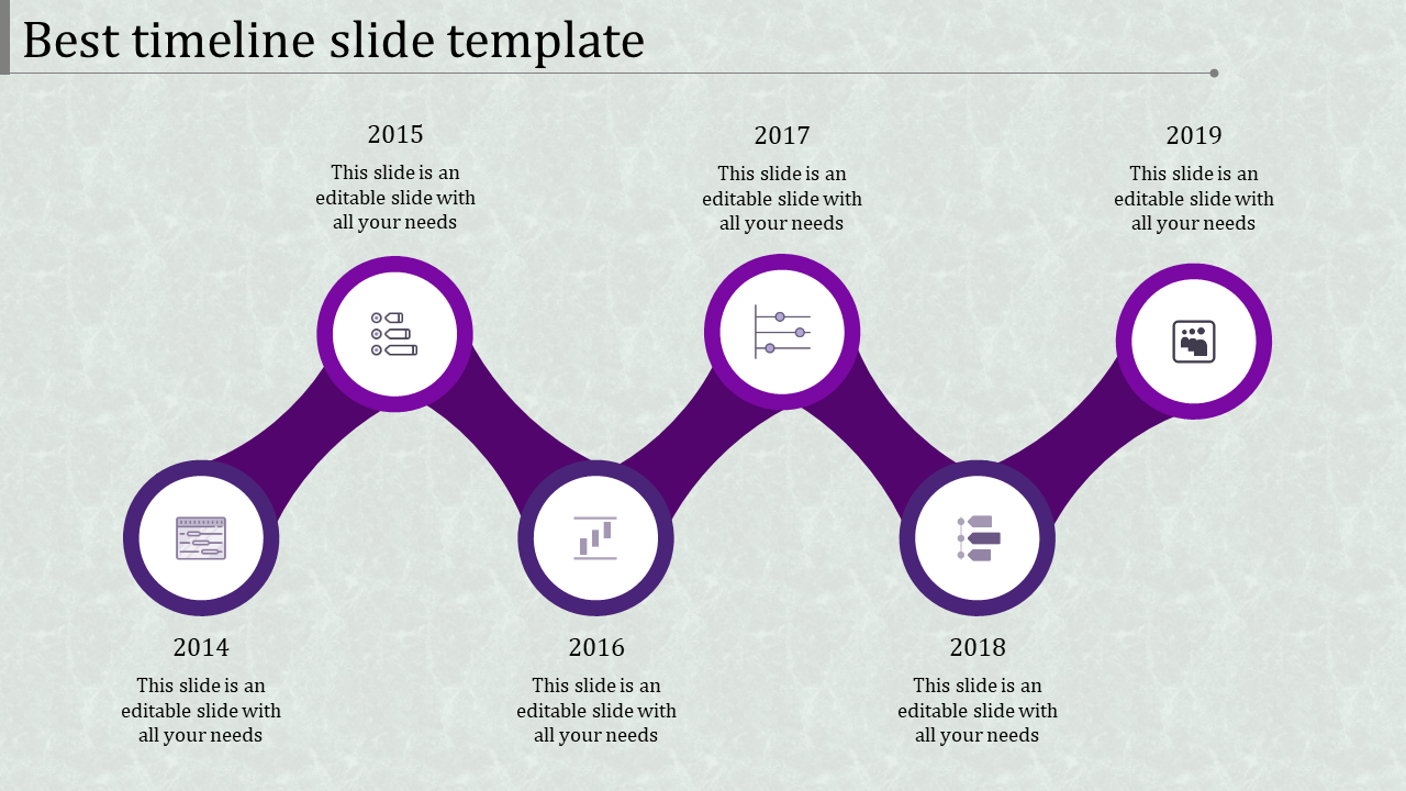 Purple themed circular timeline with years 2014 to 2019 connected by wavy lines and matching icons.