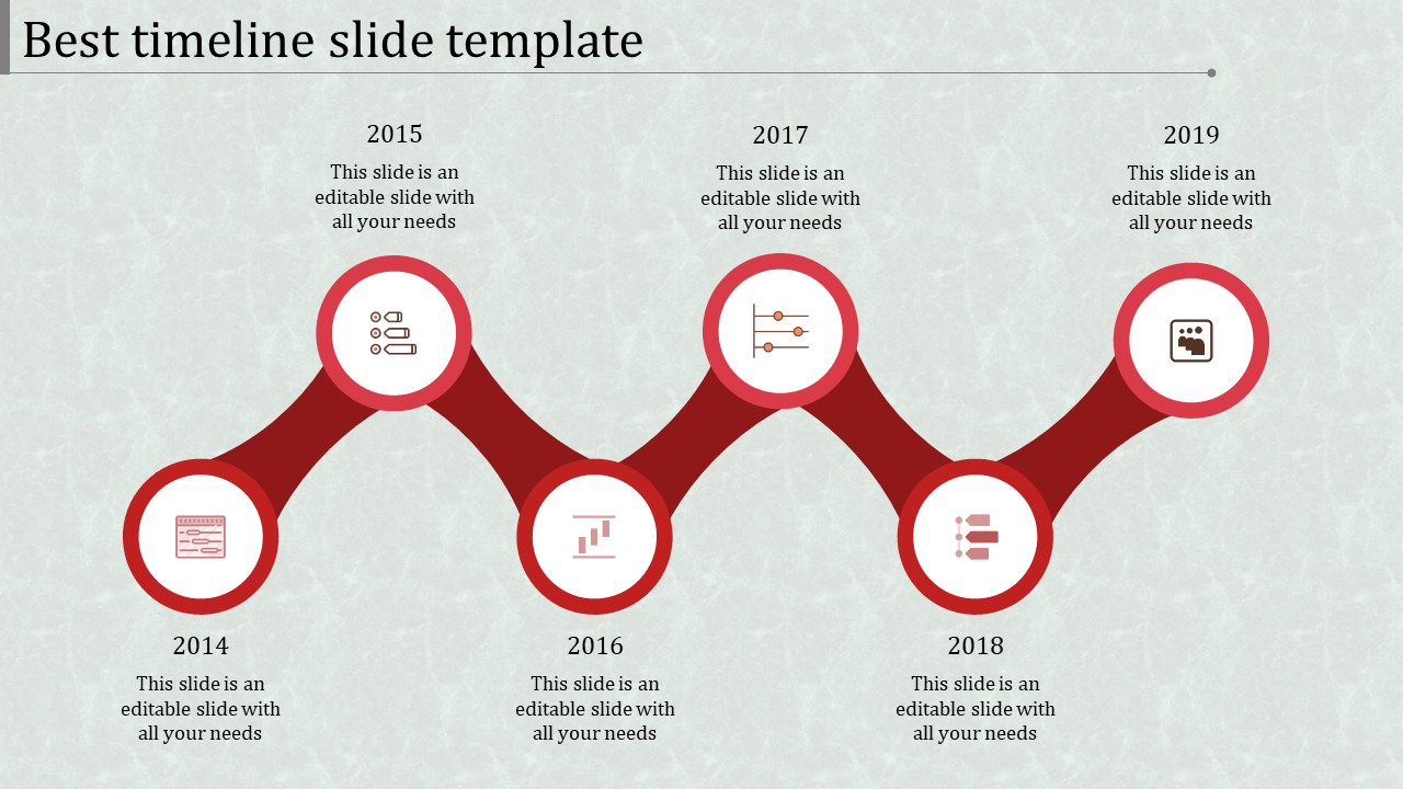 Timeline slide with six connected red circular nodes and icons, showing yearly progress over a light textured background.