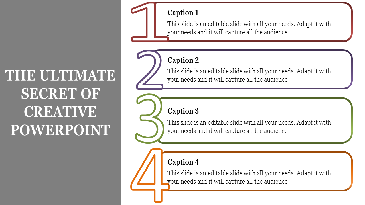 PowerPoint template featuring colorful boxes with text captions labeled 1 to 4 for a creative presentation.