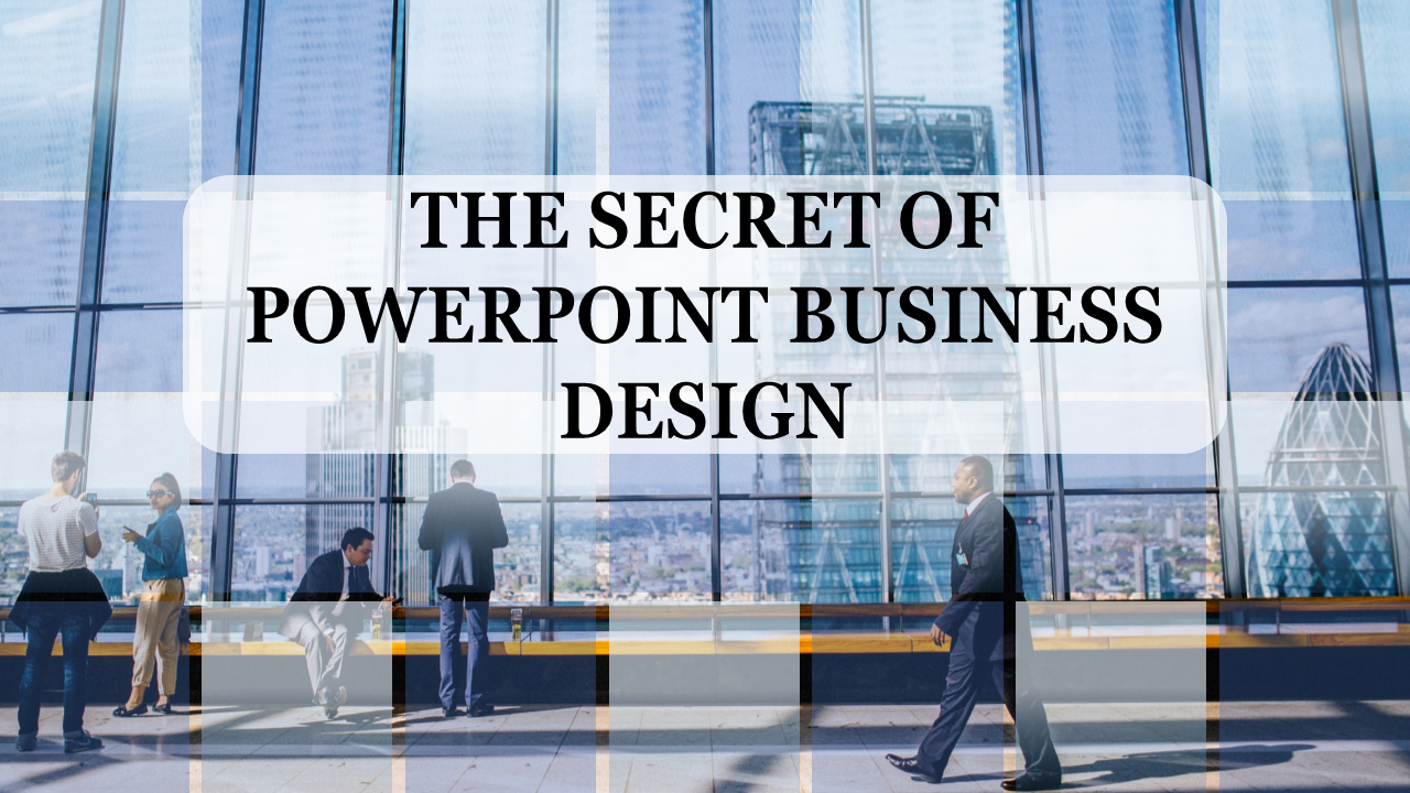Business professionals collaborate in a modern office with a city view, featuring a title overlay on a business design slide.