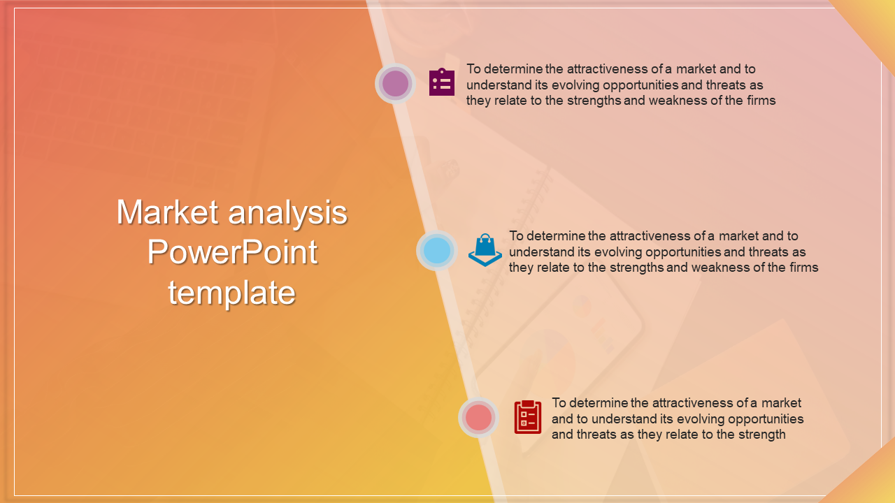 Market analysis template with a gradient orange background, a vertical path of three circular icons, and text sections.