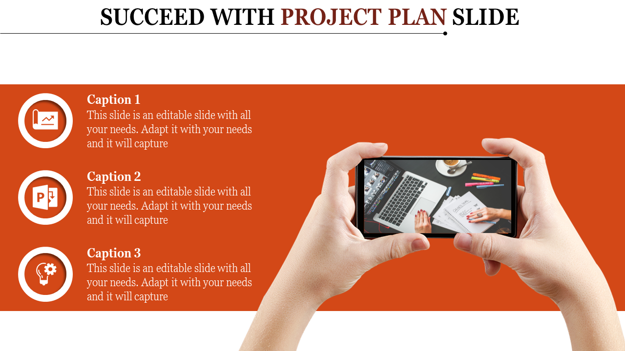 Orange layout with three circular icons and captions, and hands holding a smartphone showing a desk setup on the right.