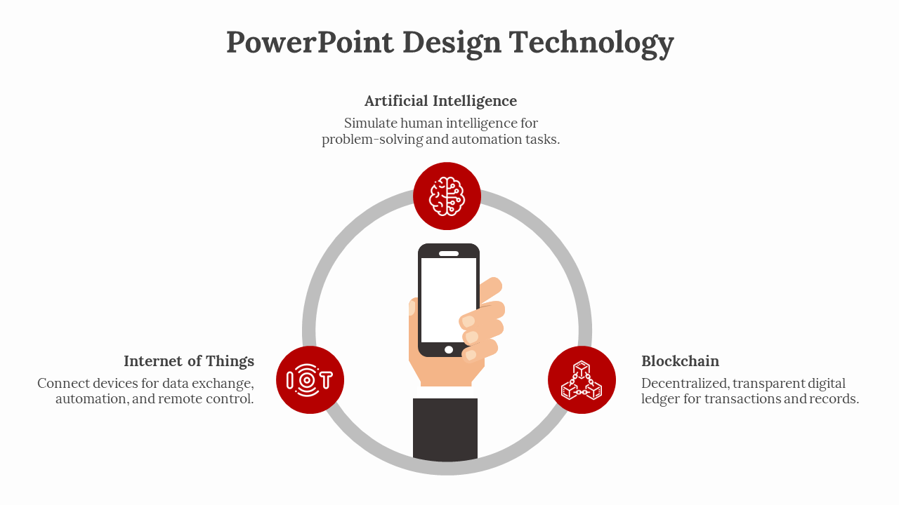PowerPoint design technology slide featuring icons for Artificial Intelligence, Internet of Things, and Blockchain.