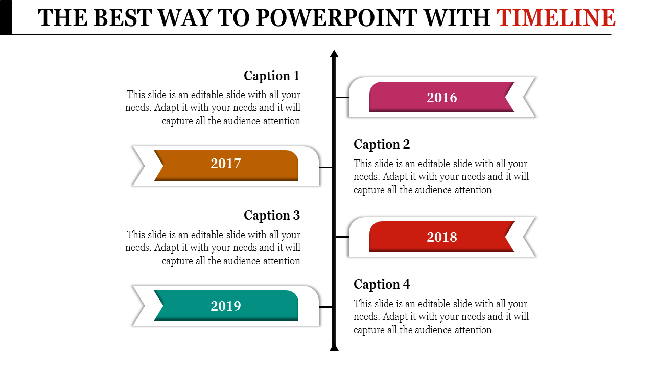 Vertical timeline with bold arrows indicating yearly milestones from 2016 to 2019, aligned with placeholder text areas.