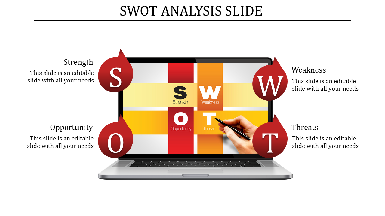SWOT analysis slide featuring a laptop with sections labeled Strength, Weakness, Opportunity, and Threat with text area.