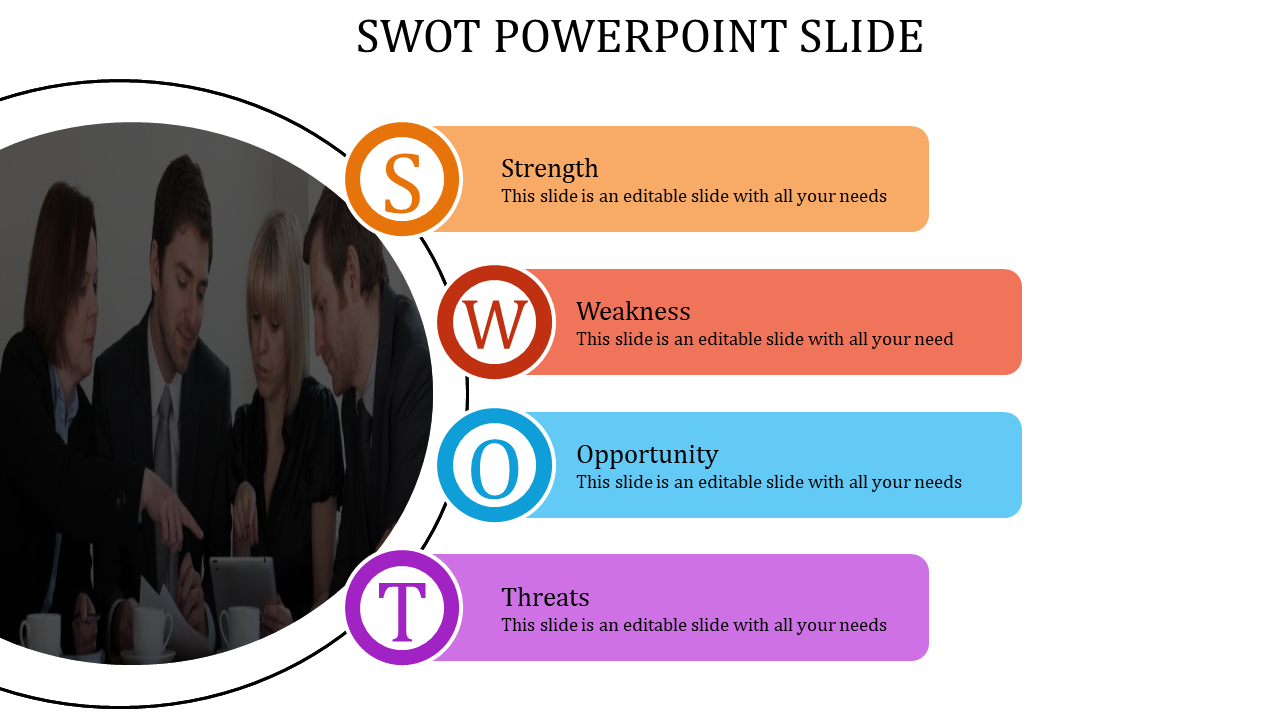 SWOT analysis slide showing a team brainstorming photo and four labeled categories with vibrant colors