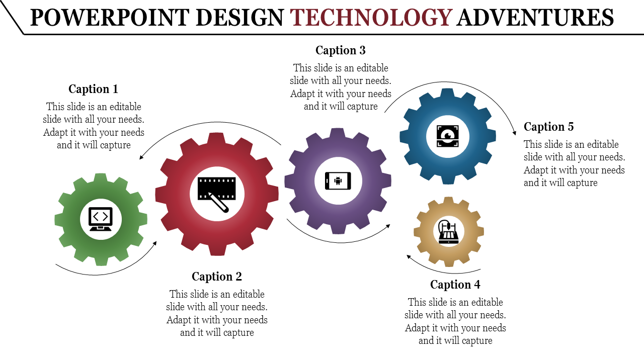 PowerPoint design template featuring five gears, each with different icons, to represent various technology related concepts.