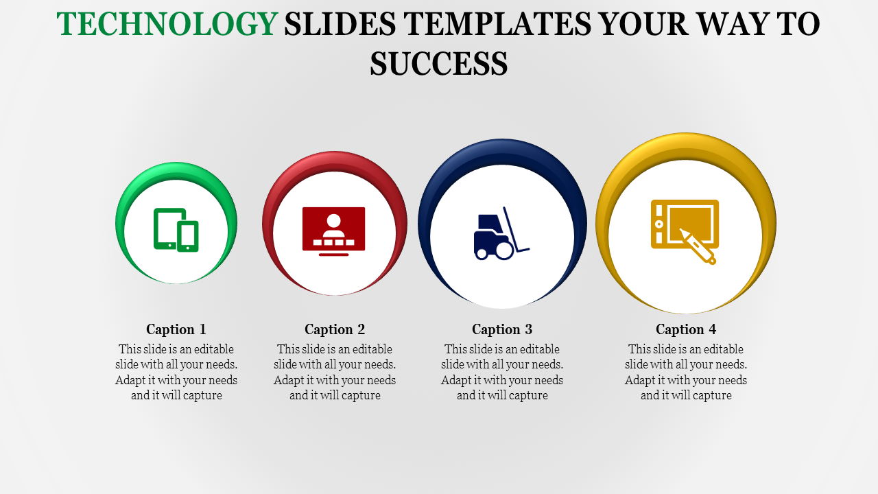 Technology themed slide featuring green, red, blue, and yellow circular icons with matching descriptions underneath.