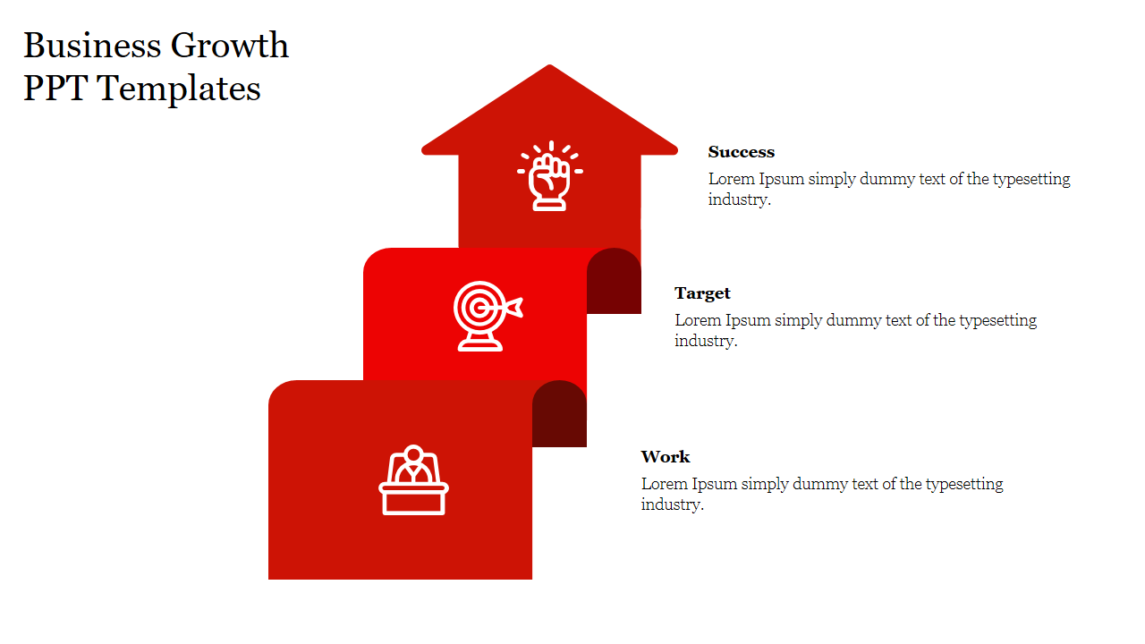 Red arrow shaped staircase layout illustrating business growth with icons for work, target, and success on each step.