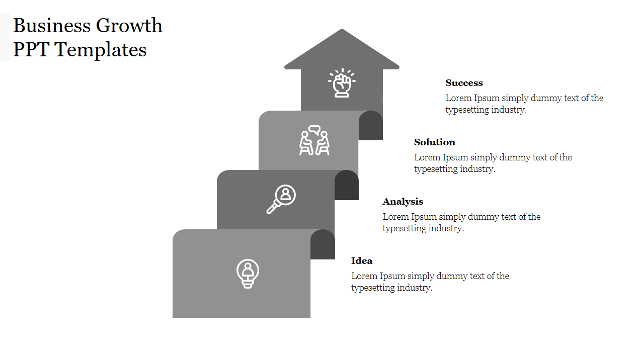 A gray staircase with icons representing success, solution, analysis, and idea stages in a business growth process.