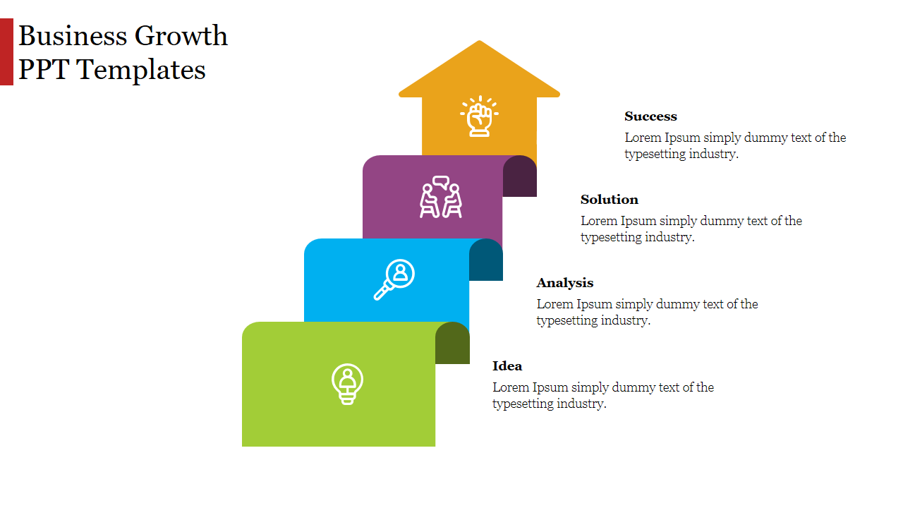 Business growth template showcasing a four-step staircase in green, blue, purple, and yellow with captions and icons aligned to the right.