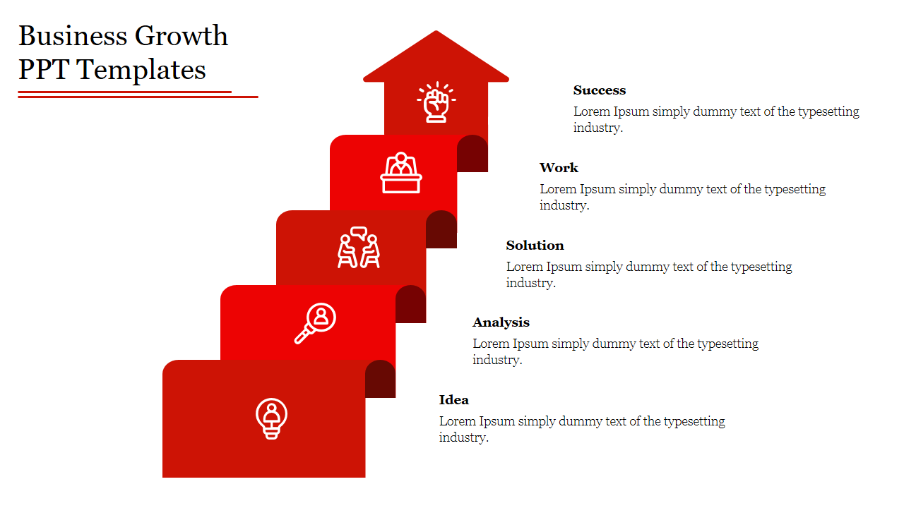 A red staircase with icons representing success, work, solution, analysis, and idea, showing stages of business growth.