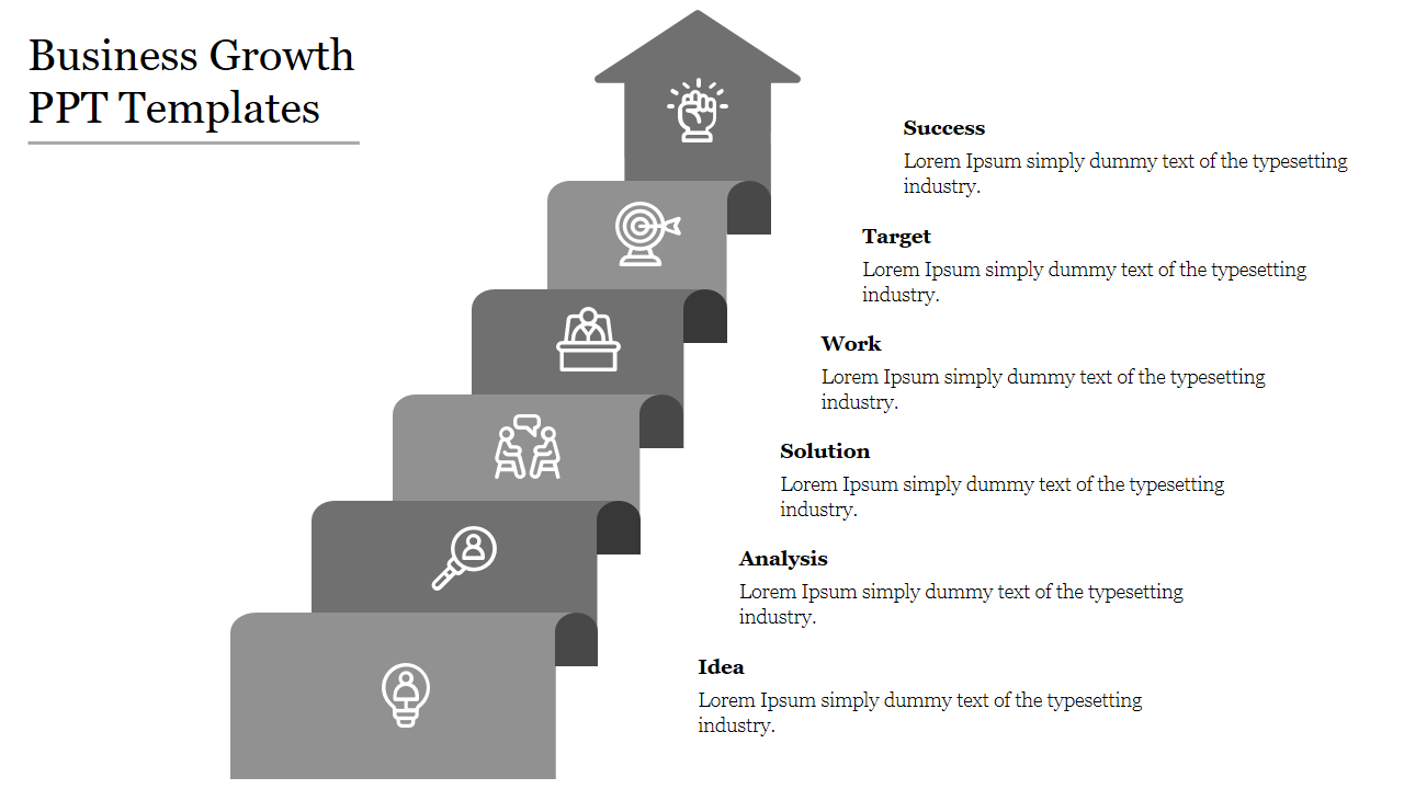 A business growth PowerPoint template featuring steps, each with an icon and a corresponding caption.