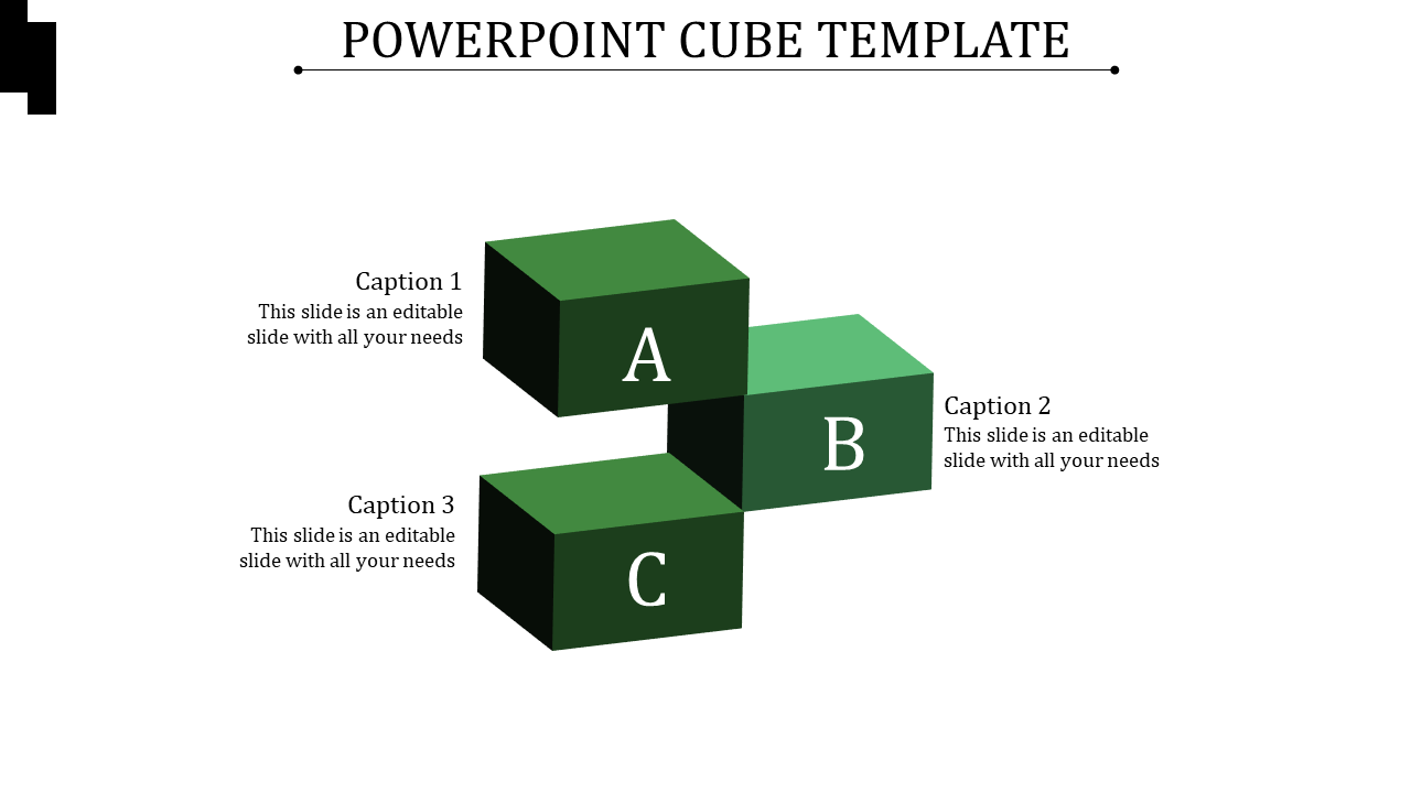Diagram with green 3D cubes marked A, B, and C, positioned in layers with accompanying captions areas.
