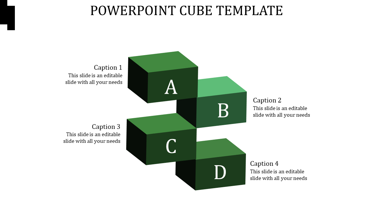 Four green cubes labeled A, B, C, and D arranged in a stepped pattern, with captions aligned to the left and right.