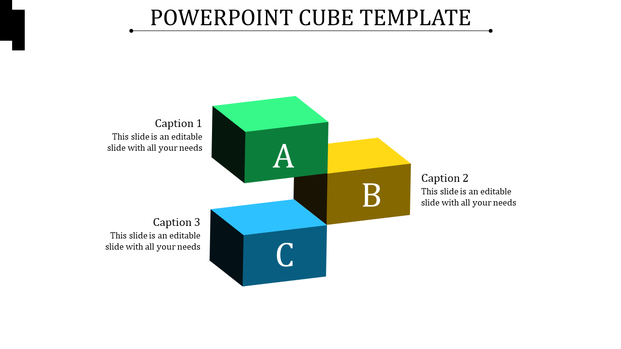 PowerPoint template with three 3D cubes in green, yellow, and blue, labeled A, B, and C, with corresponding captions.