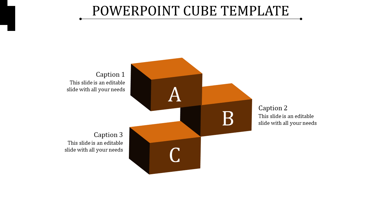 PowerPoint template with three stacked 3D cubes in brown and orange, labeled A, B, and C, each with a caption.