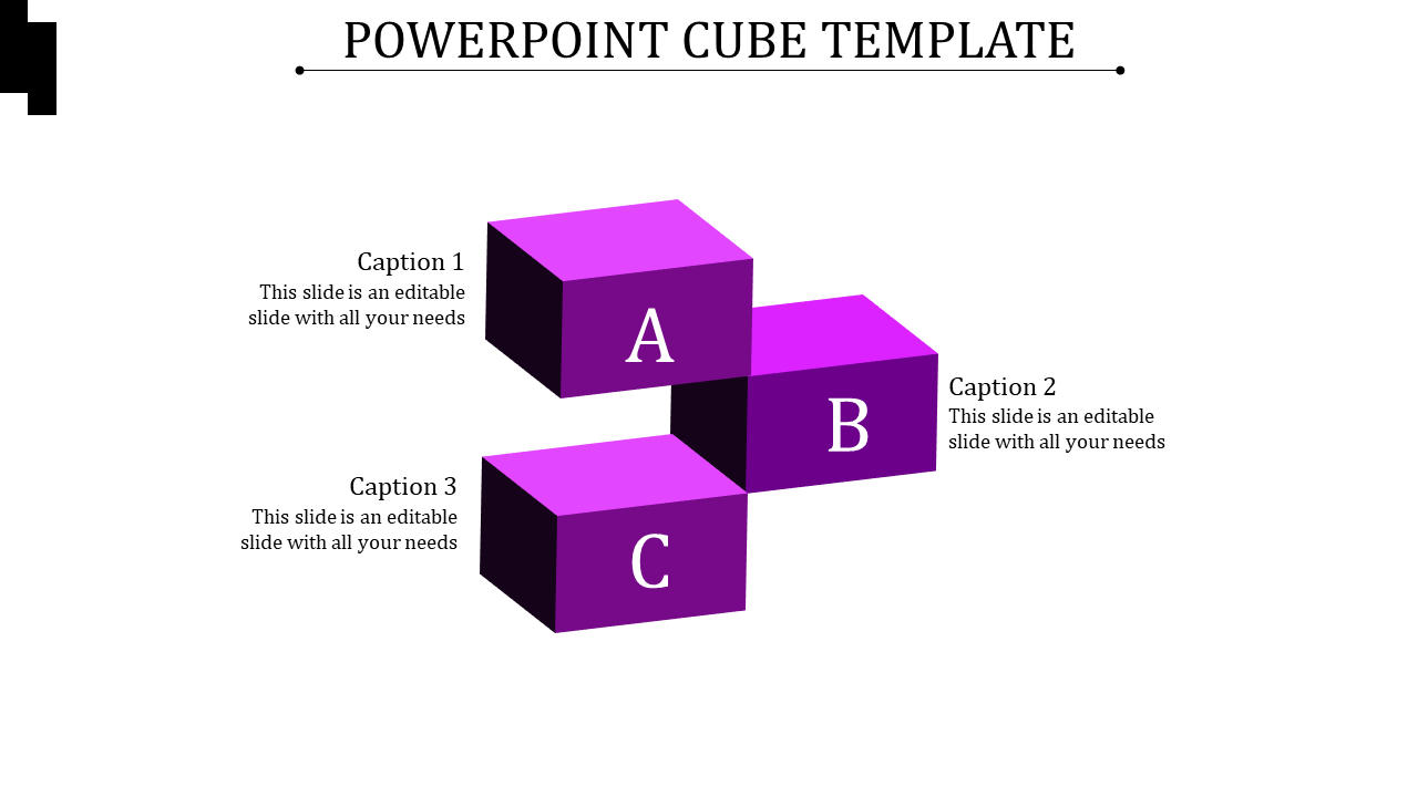 PowerPoint template with three stacked 3D cubes in purple, labeled A, B, and C, each with a caption.