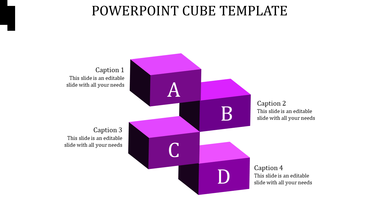 Four purple cubes labeled A, B, C, and D arranged in a stepped pattern, with captions aligned to the left and right.