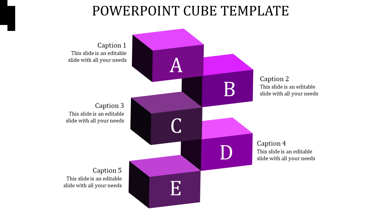 Template featuring five stacked 3D cubes in purple shades, each with numbered captions.