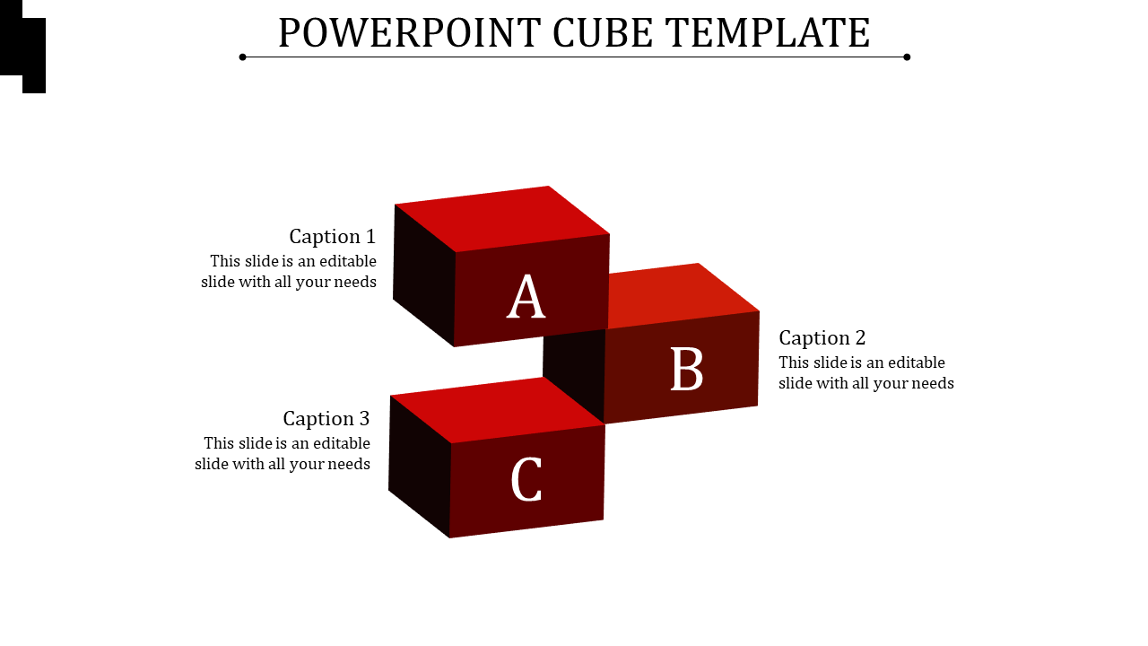 Three red cubes labeled A, B, and C, arranged in a stepped pattern, with captions aligned to the left and right.