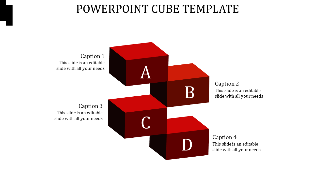 PowerPoint template with four stacked 3D red cubes, each labeled A to D with corresponding captions.