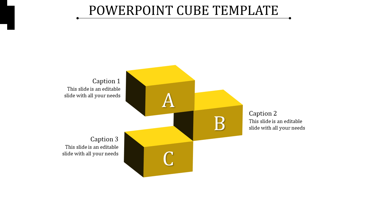 Three yellow cubes labeled A, B, and C, arranged in a stepped pattern, with captions aligned to the left and right.