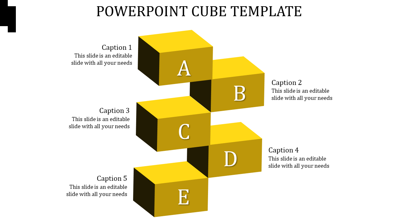 Five 3D yellow cubes in a stepped design, each marked with letters A to E and paired with descriptive captions.