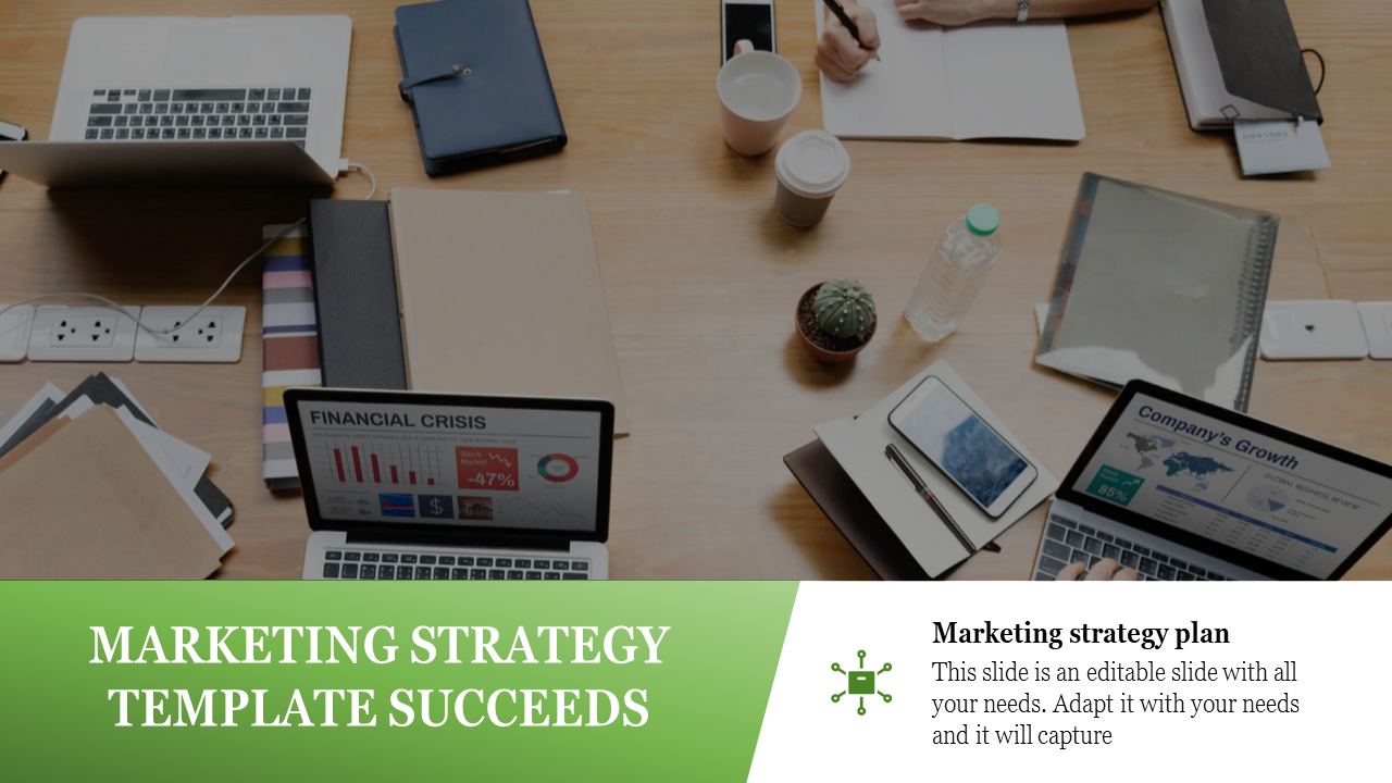 Marketing strategy template with workspace setting, featuring financial crisis analysis and company growth chart.