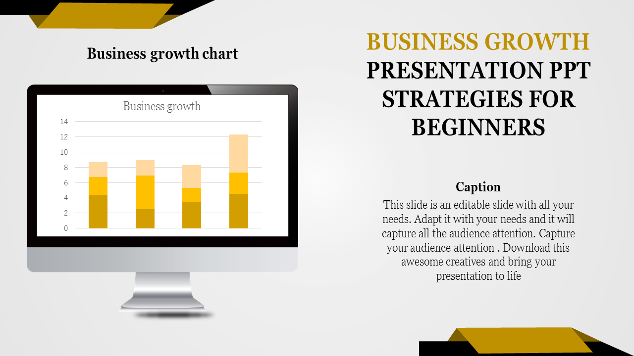 PowerPoint template featuring a computer monitor displaying a bar chart with business growth data and caption.