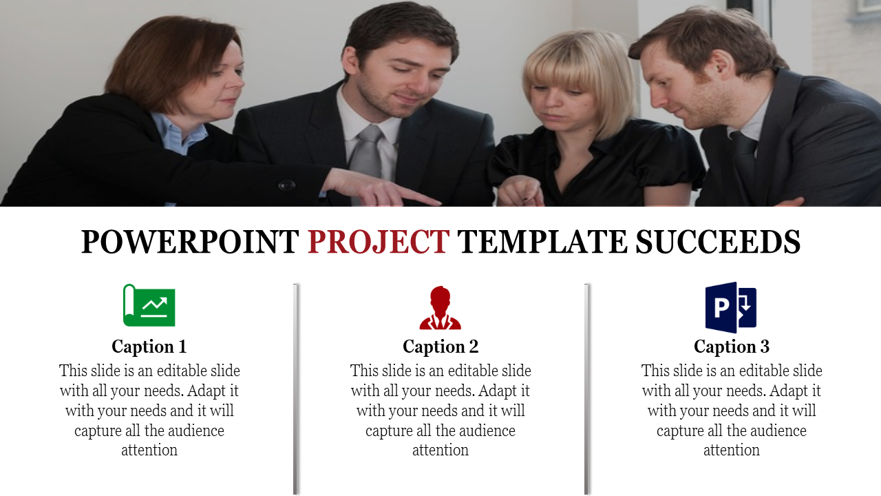 A team of professionals working on a project with a PowerPoint presentation template displayed.