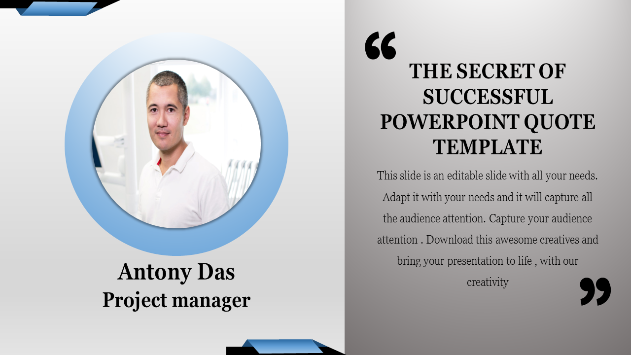 Slide featuring a portrait in a blue circle frame alongside a quote section with gray gradient background.