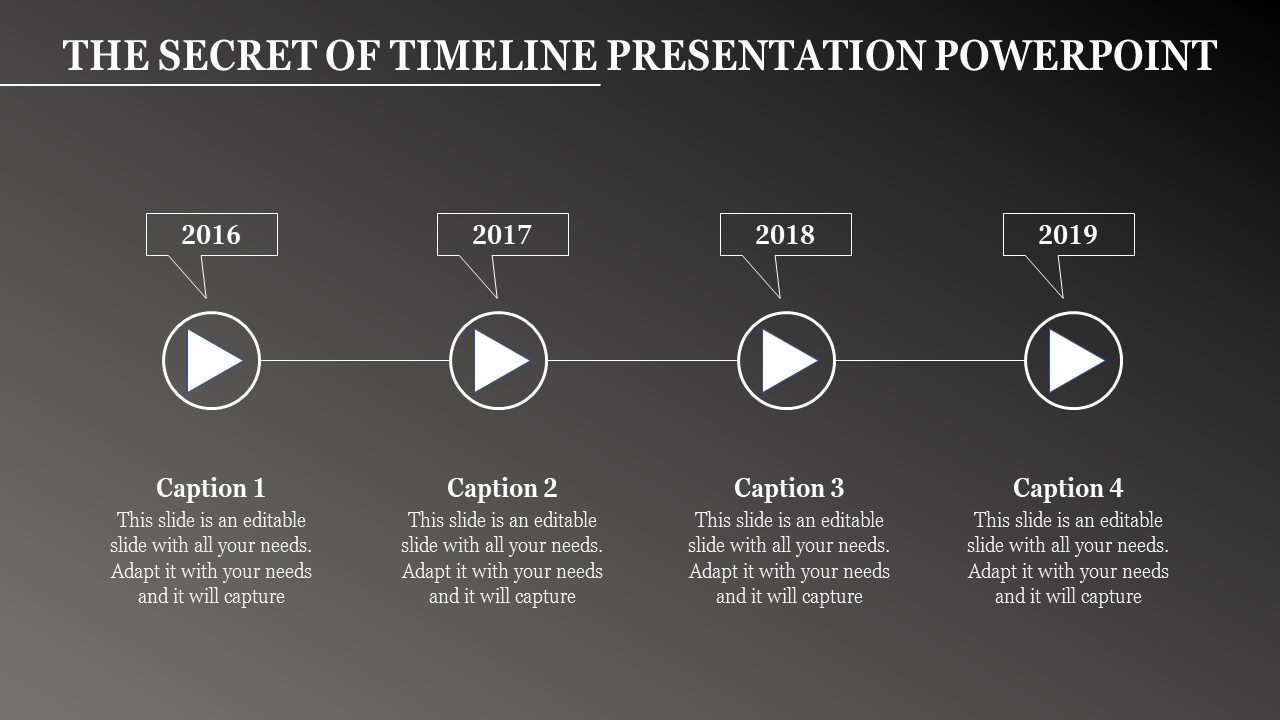 Timeline presentation PowerPoint template with years 2016 to 2019, showing progress with arrow icons.