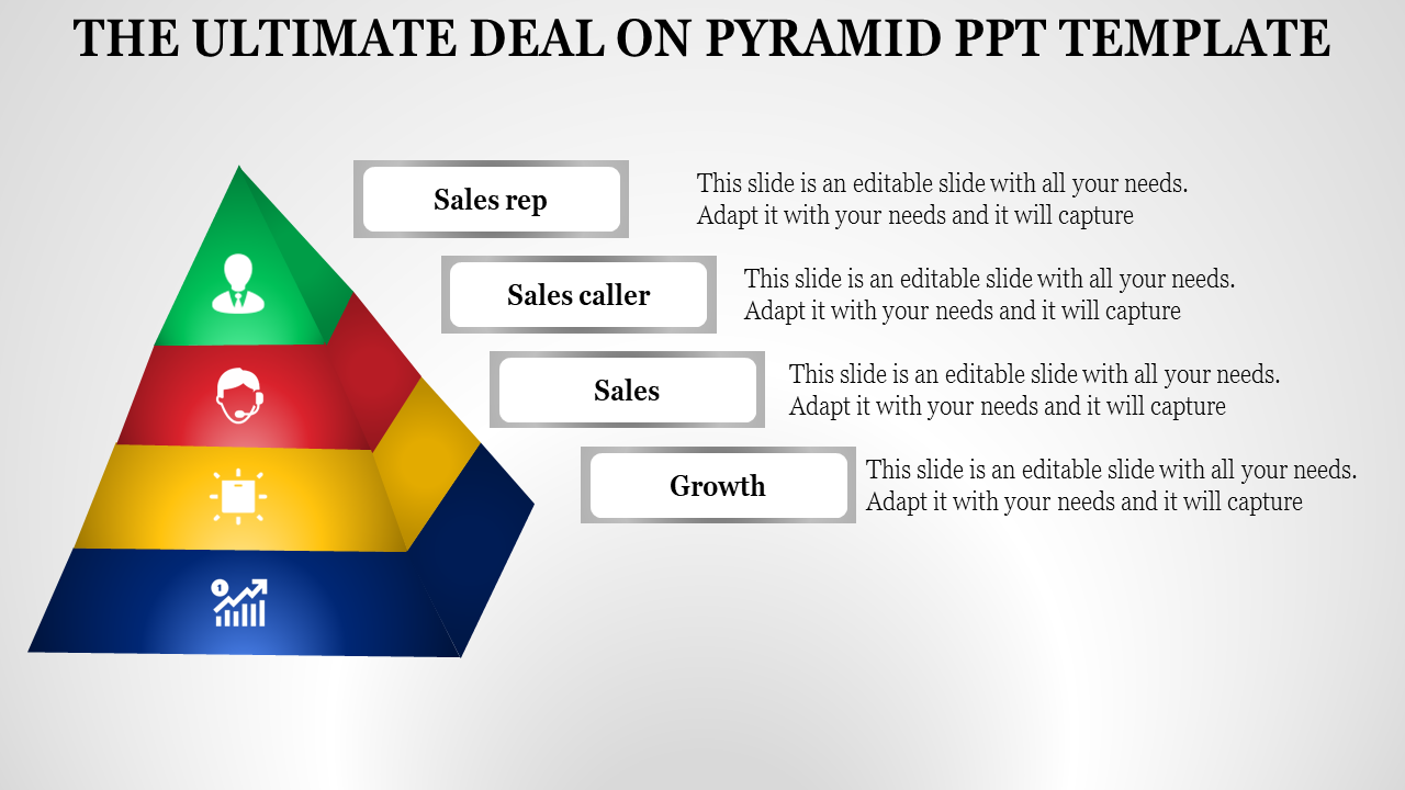 Business themed slide featuring a four-tiered pyramid with labels and icons, paired with text blocks for descriptions.