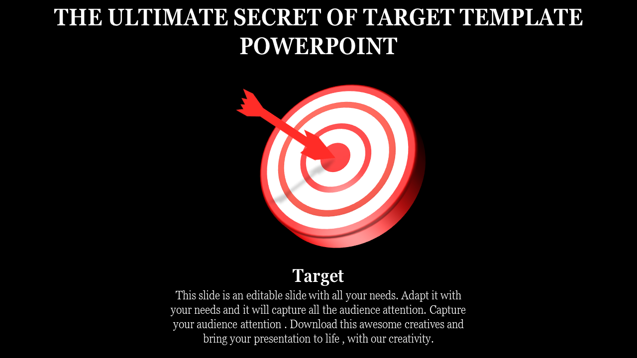Target themed slide with a red concentric circle target and a bow and arrow graphic on a gray background.