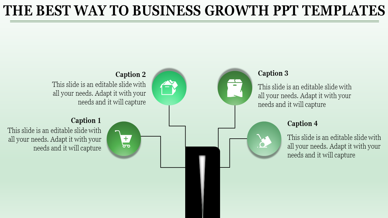 Business process slide showing interconnected steps with icons around a middle vertical shape to a central figure.