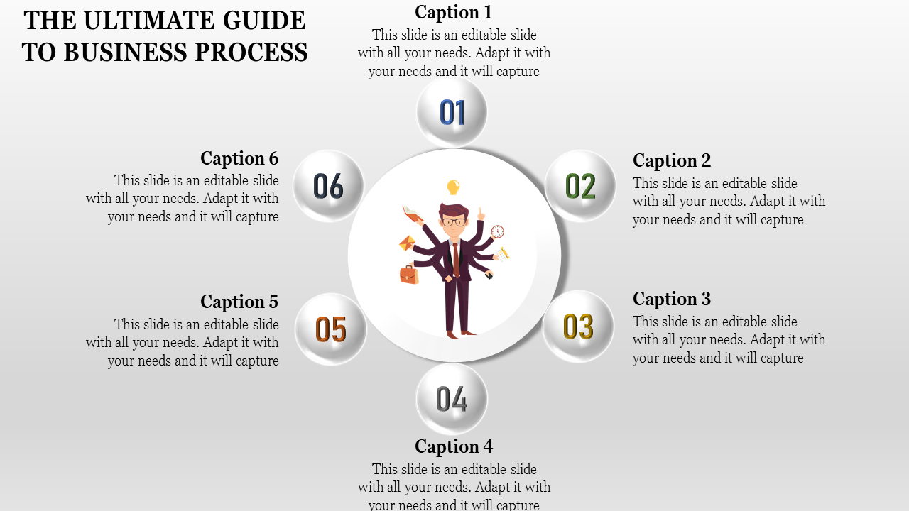 Business template featuring six spheres with numbers, arranged in a circle around a central multitasking figure illustration.