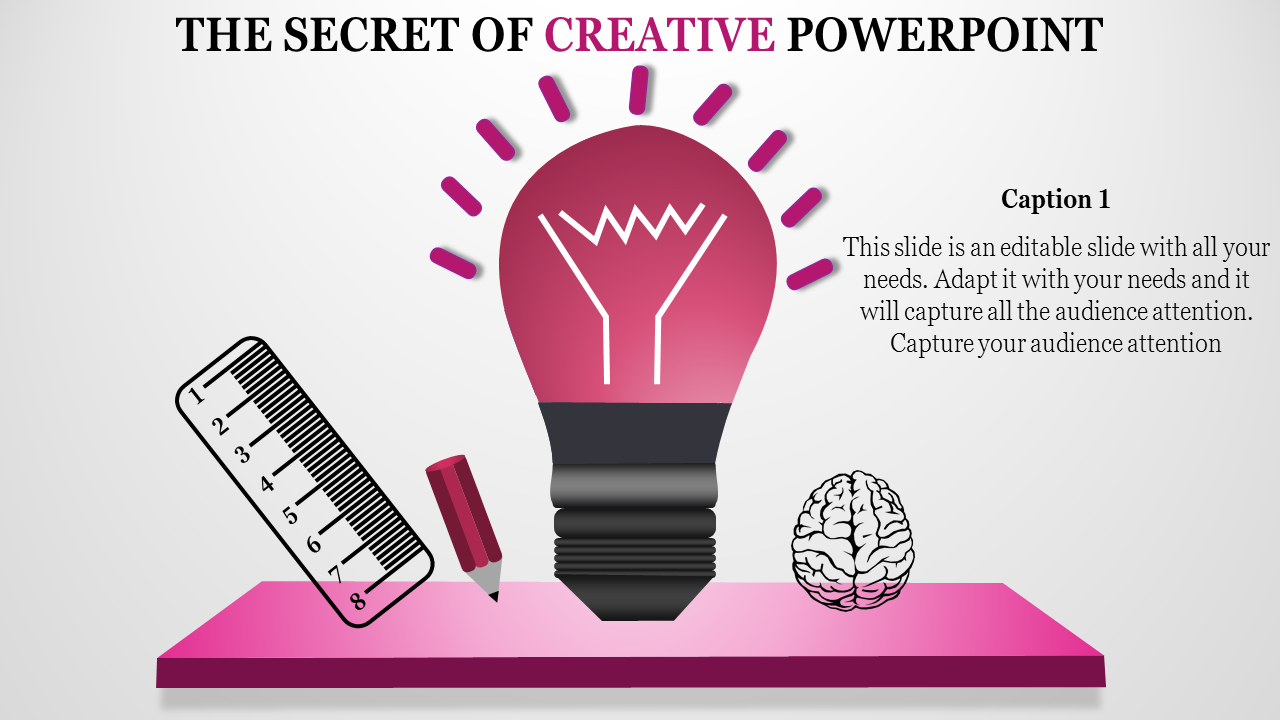 PowerPoint slide featuring a creative pink themed lightbulb surrounded by a ruler, pencil, and brain with placeholder text.