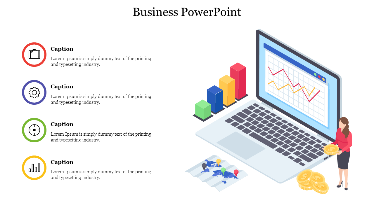 Slide with financial visuals including a laptop, bar chart, world map, and a woman holding coins, paired with four captions.