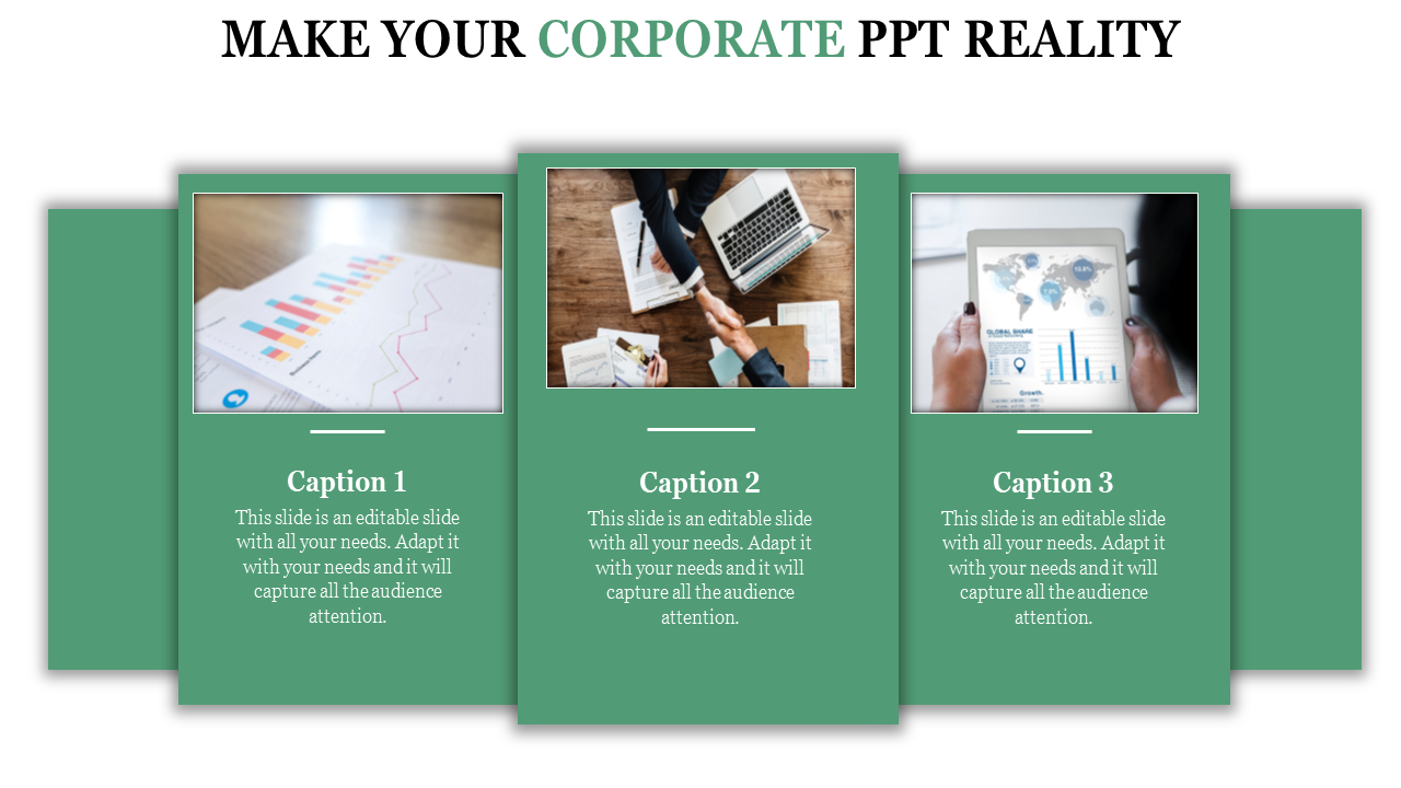 Corporate layout with three images in green framed sections showing business charts, meetings, and collaborative work.