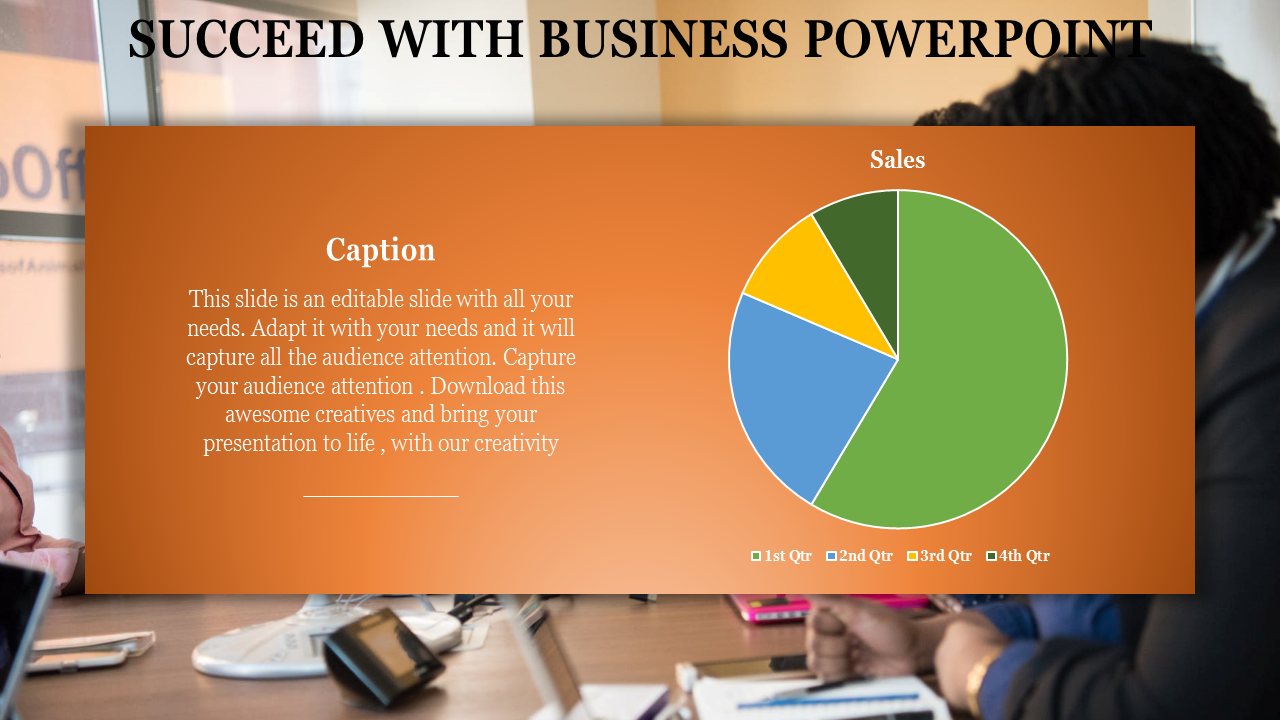 A pie chart showing sales data divided into four quarters with placeholder text areas on an orange background.