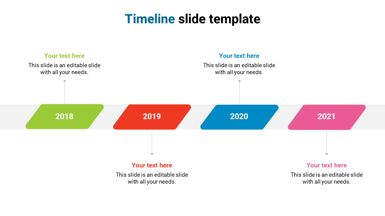 Horizontal timeline with green, red, blue, and pink segments labeled 2018 to 2021, each linked to text.