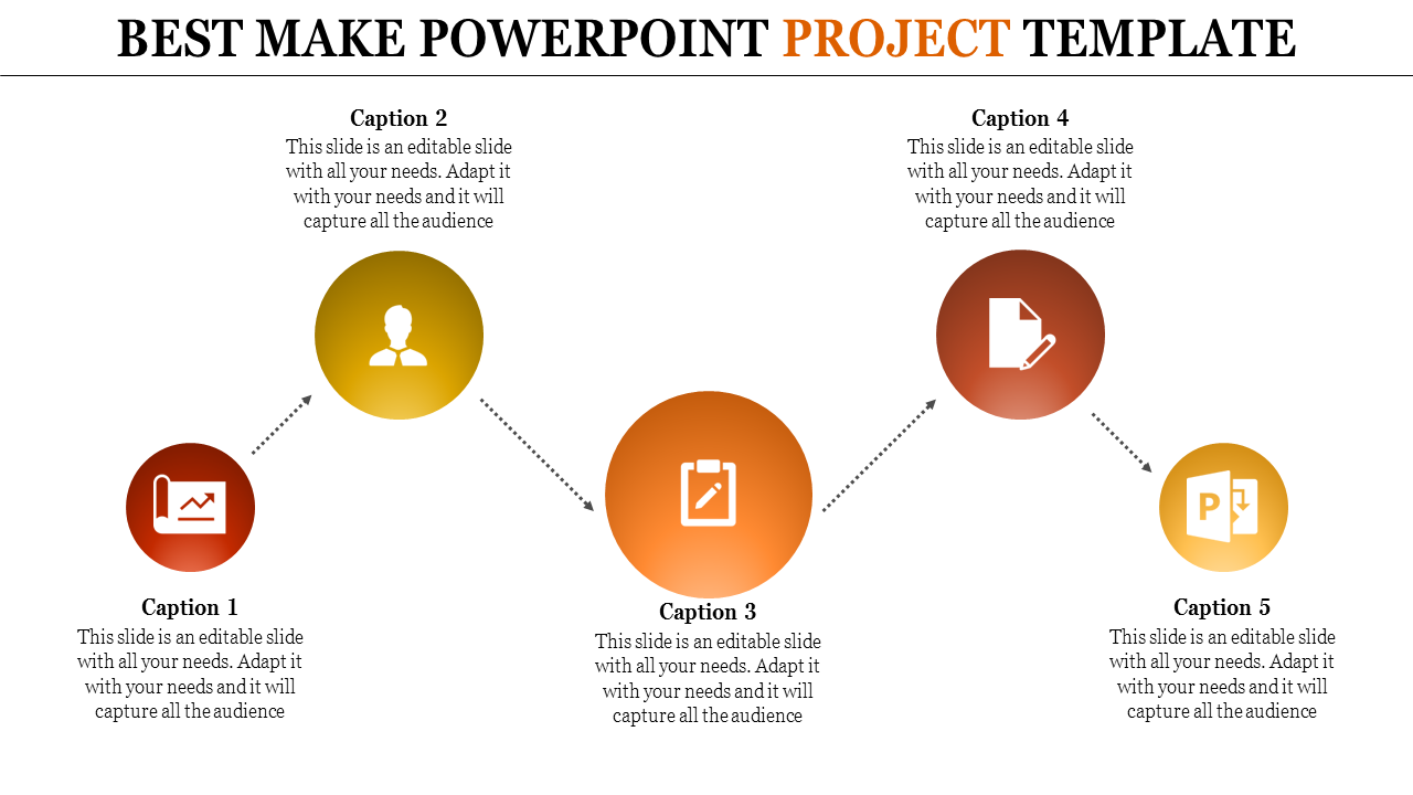 Project PowerPoint template featuring five icons representing key elements with captions and placeholder text.