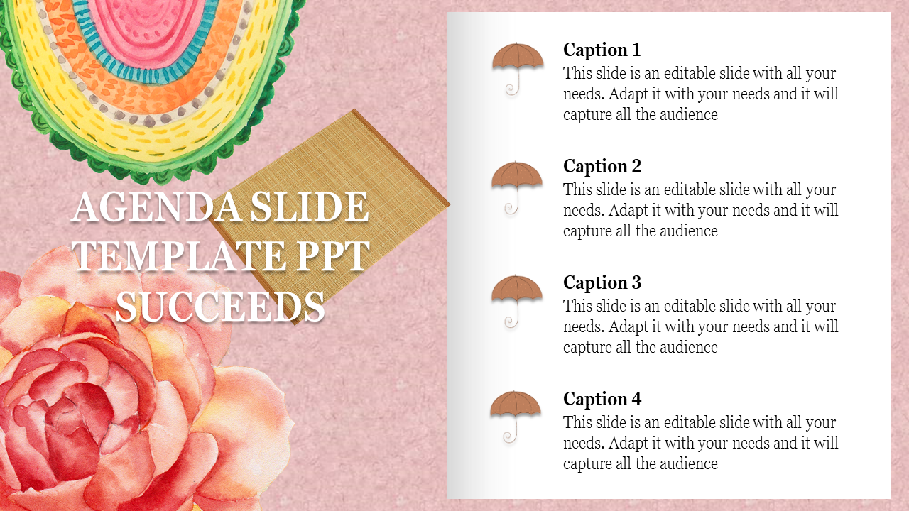 Agenda slide with a colorful abstract design, featuring roses and patterns, and four captions with umbrella icons.