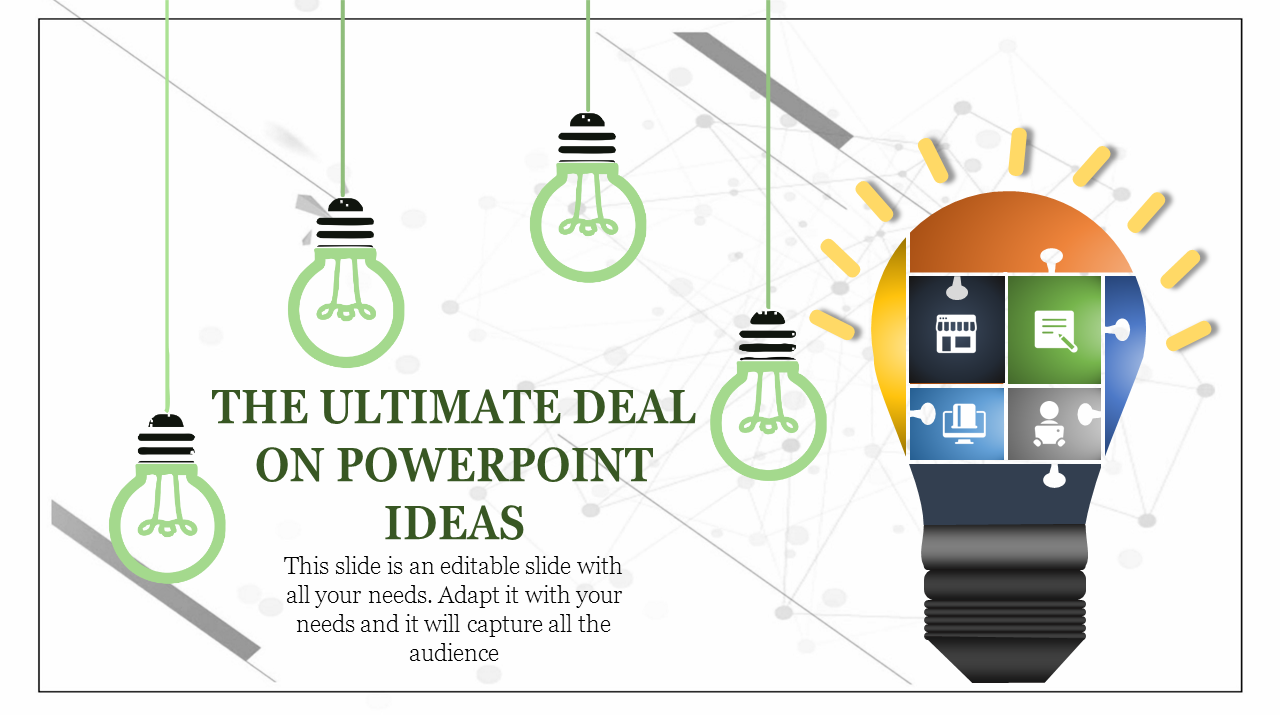 Slide featuring hanging green light bulbs and a ideas light bulb with business-related icons on a network background.