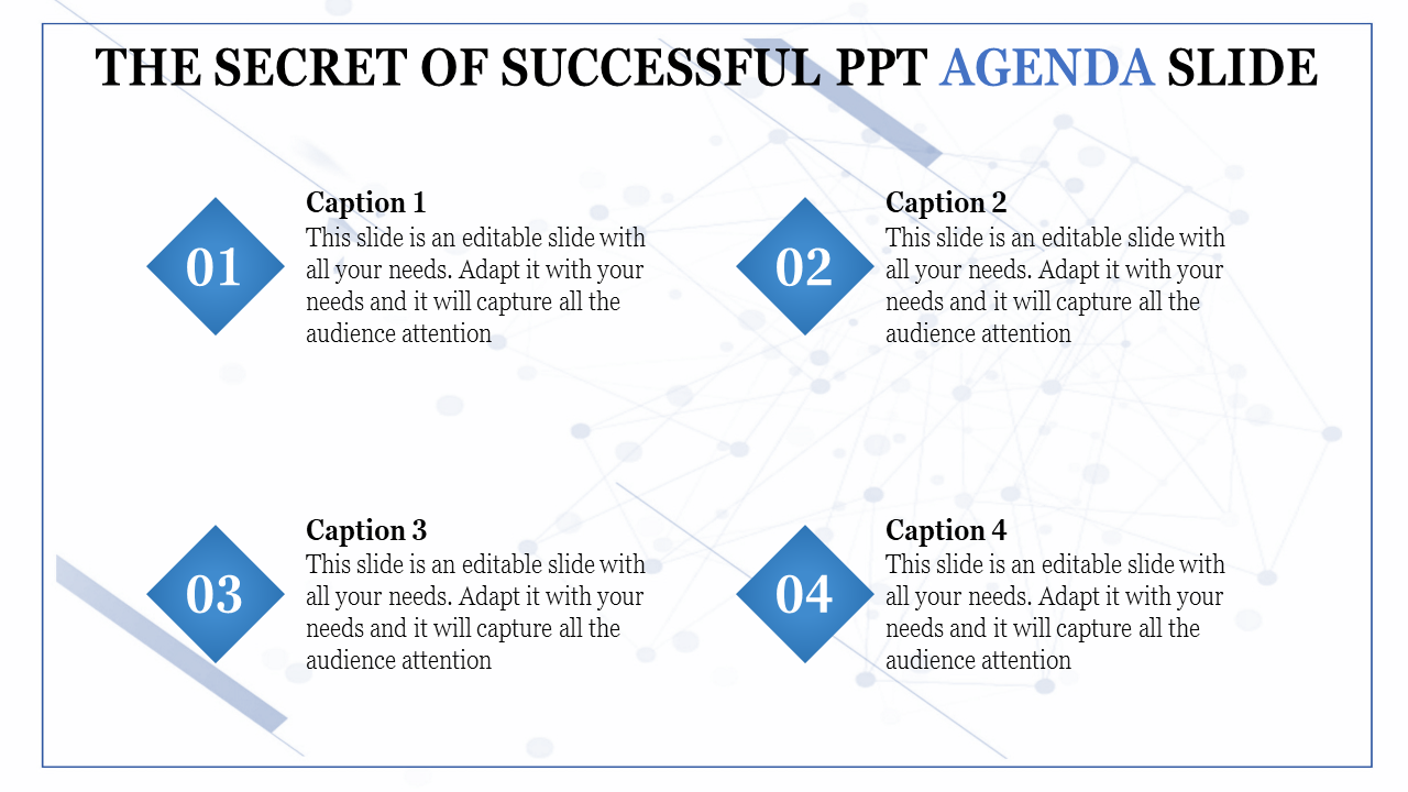 PowerPoint agenda slide with four blue numbered sections, each containing a caption with placeholder text.