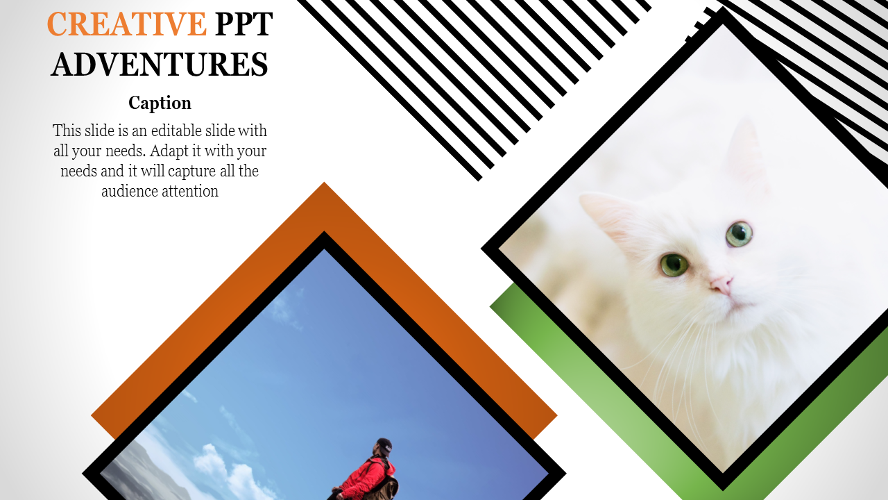 Creative PowerPoint slide with geometric shapes containing images of a hiker and a white cat, alongside a caption section.