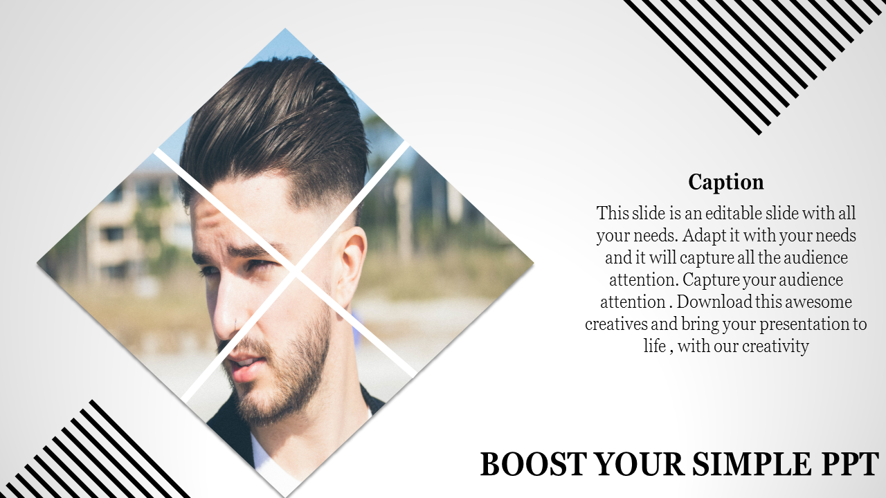 Simple PowerPoint template with an individual photo and a caption.