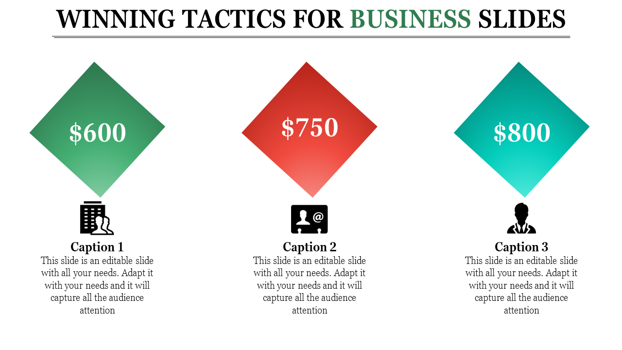 Business slide with three diamond shapes displaying amounts in green, red, and blue gradients, with icons and captions.